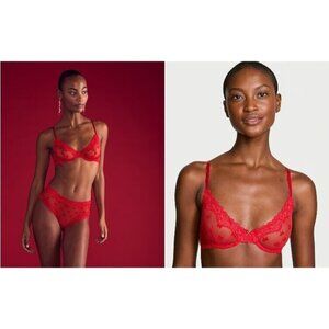 Victoria's Secret Tease Unlined Demi Bra Mesh Bright Vermillion Bows 36DD